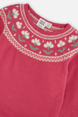 Close-up of the white flower jacquard yoke and ribbed neckline on the raspberry dress