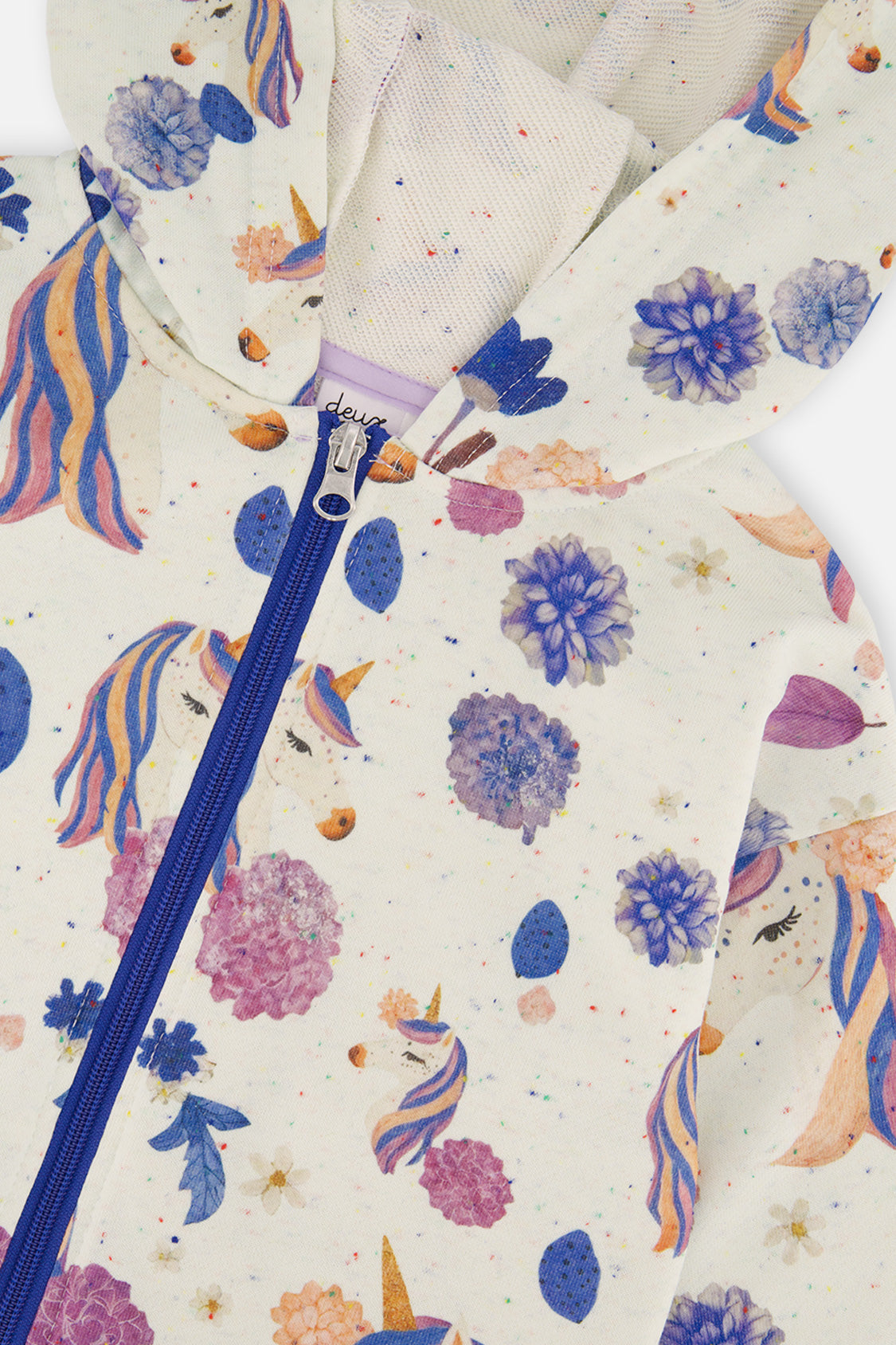 Deux par Deux beige unicorn print hooded zip cardigan, second alternate view
