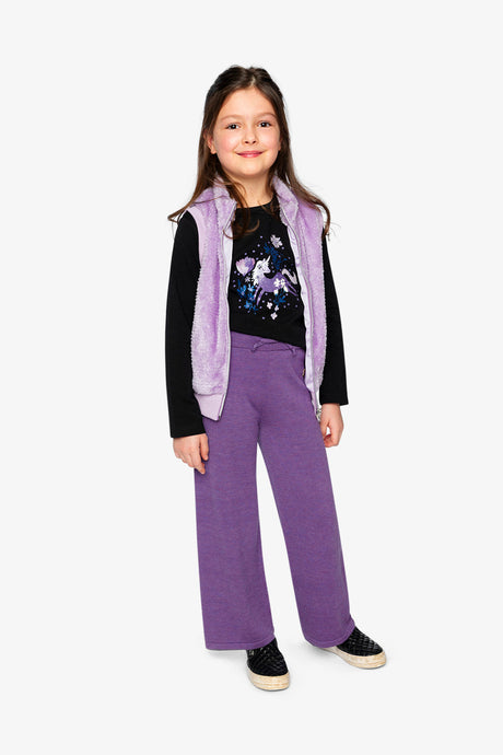 Child in a full outfit with the Deux par Deux violet faux fur vest