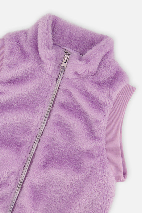 Close-up of the plush violet faux fur vest from Deux par Deux