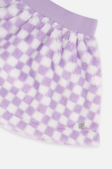 Close-up of the plush lilac and white checks and the ribbed lilac waistband