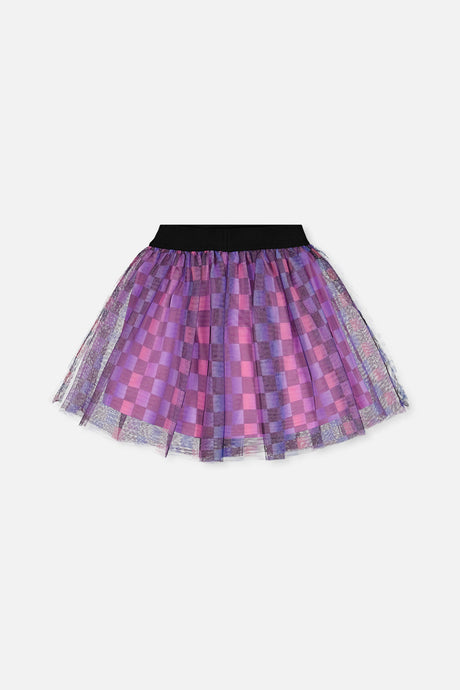Deux par Deux black checkered print mesh skirt for girls, back view
