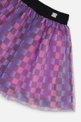 Close-up of the layered checkered mesh and black waistband with logo tab
