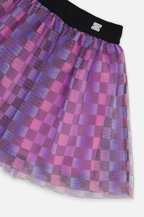 Close-up of the layered checkered mesh and black waistband with logo tab