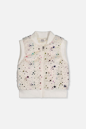 Deux par Deux girls' faux fur sleeveless vest with multicolored star pattern, front view