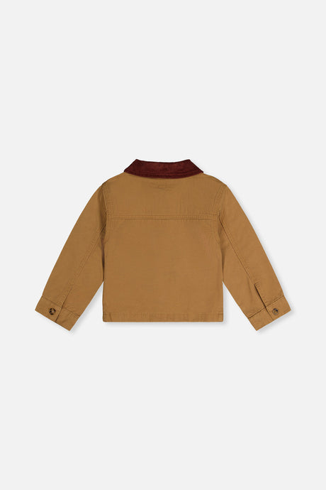 Deux par Deux brown and yellow barn jacket, back view laid flat
