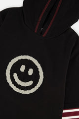 Close-up of the textured smiley face and contrast-stitched hood on the fake double sleeve hooded shirt