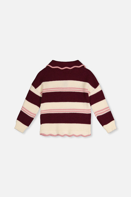 Deux par Deux plum and cream striped knit sweater, flat lay back view with scalloped hem