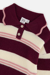 Close-up of the two-button polo collar with pink scalloped edge on the plum and cream Deux par Deux sweater