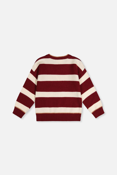 Deux par Deux burgundy and cream striped knit sweater, flat lay back view