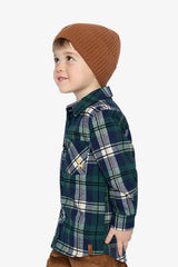 Child in the Deux par Deux blue and green plaid shirt, Christmas Couture lookbook