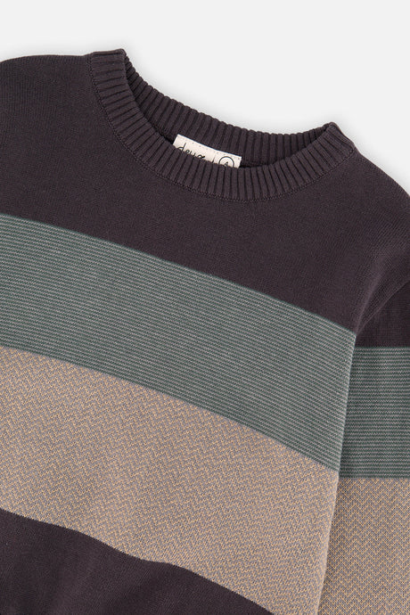 Close-up of the sage and taupe bands and ribbed neckline on the Deux par Deux colorblock sweater