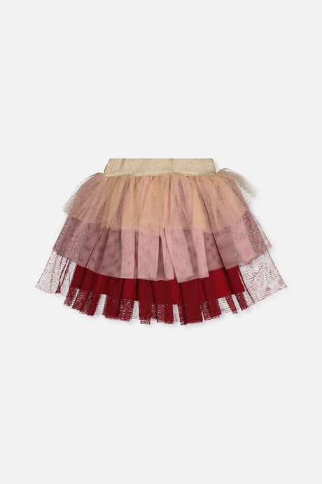 Deux par Deux red, pink and beige glittering mesh skirt for girls, back view