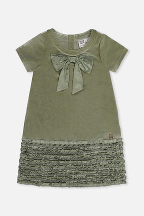 Short Sleeve A Line Dress With Bow Greyish Green-0