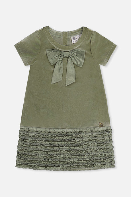 Short Sleeve A Line Dress With Bow Greyish Green-0
