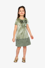 Short Sleeve A Line Dress With Bow Greyish Green-2