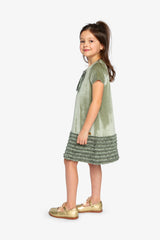 Short Sleeve A Line Dress With Bow Greyish Green-3