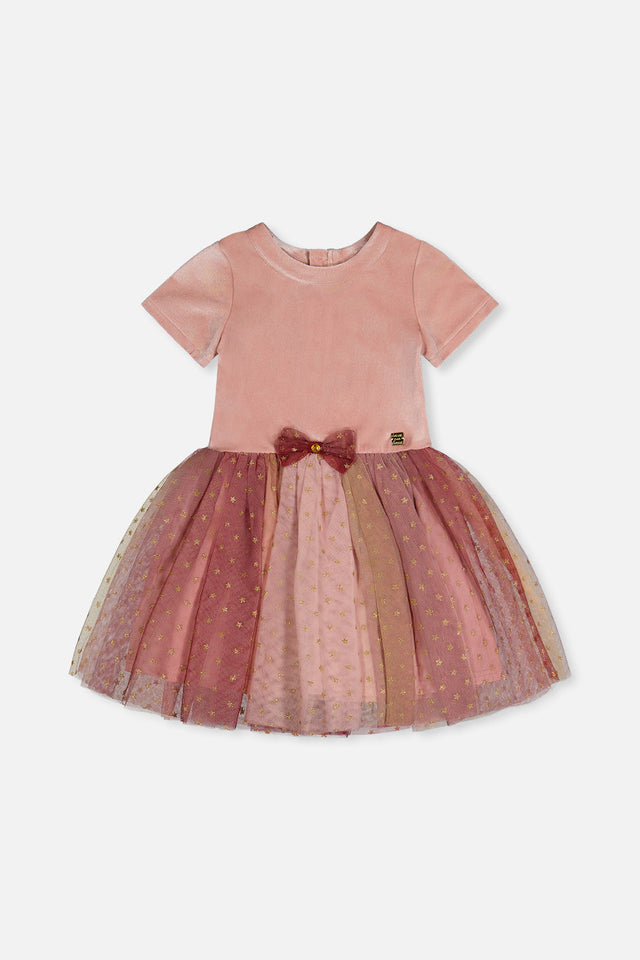 Bi-Material Dress With Gradient Print Skirt Pink-0