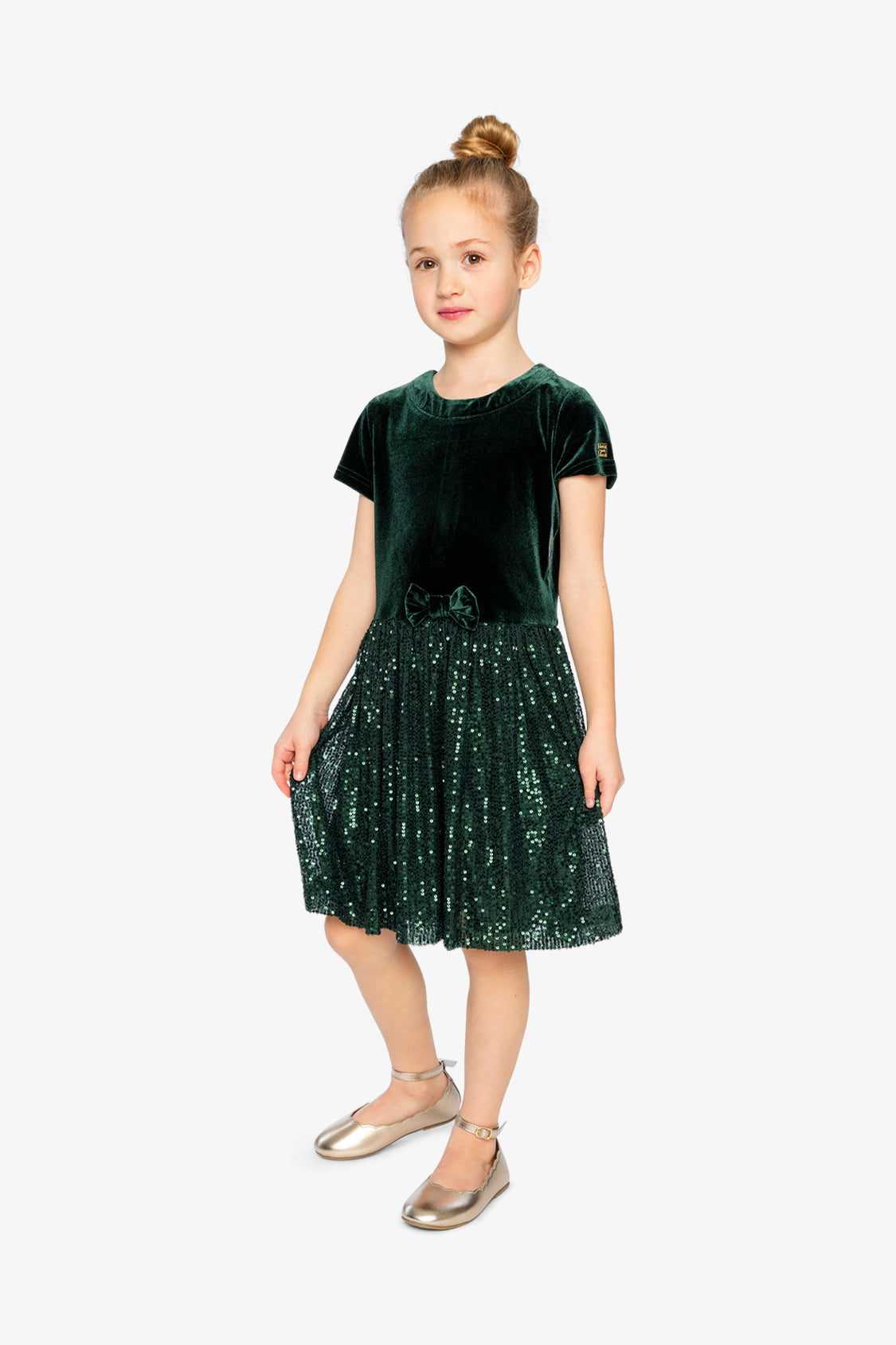 Bi-Material Short Sleeve Dress With Glittering Skirt Green Forest-2