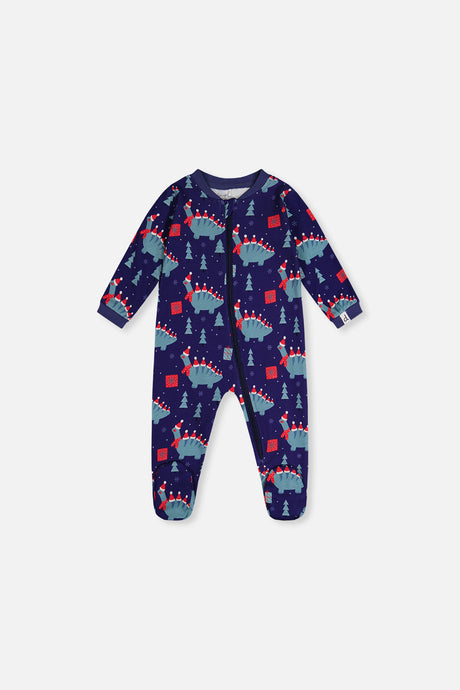 Baby Organic Cotton One Piece Pajama Blue Dinosaur Print-0