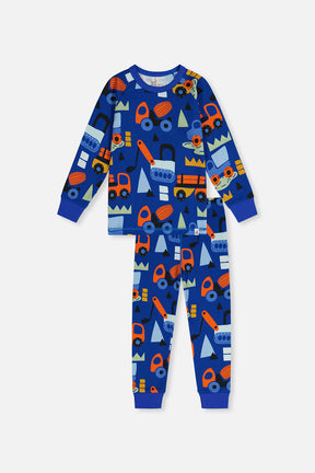 Organic Cotton Two Piece Pajama Set Blue Truck Print-0
