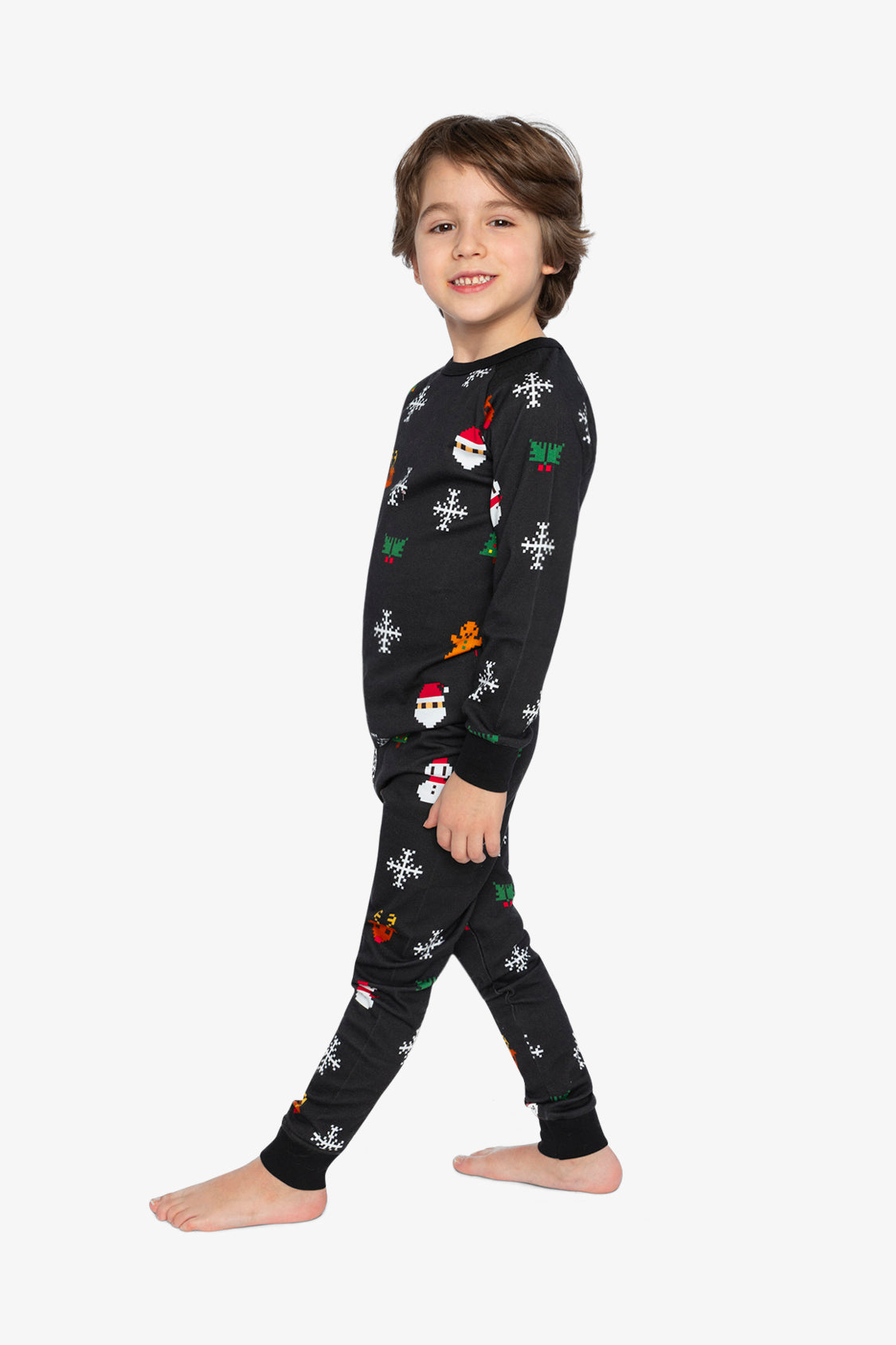 Organic Cotton Two Piece Pajama Set Black Christmas Pixel Print-2