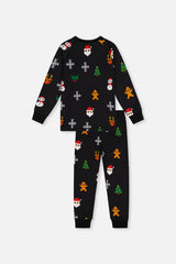 Organic Cotton Two Piece Pajama Set Black Christmas Pixel Print-4