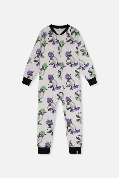 Organic Cotton One Piece Pajama Beige Raccoon Print-0