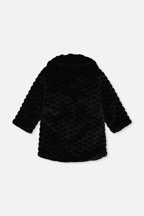Back view of the black faux fur long coat laid flat