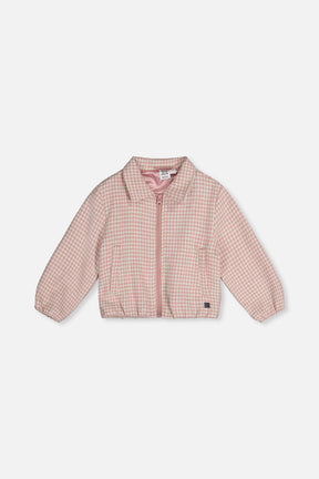 Deux par Deux pink houndstooth bomber jacket for girls, flat front view
