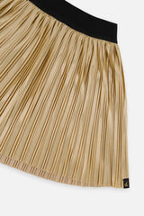 Close-up of the black elastic waistband and fine accordion pleats on the gold skirt