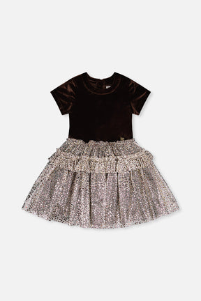 Bi-Material Short Sleeve Dress With Printed Mesh Skirt Dark Brown-0