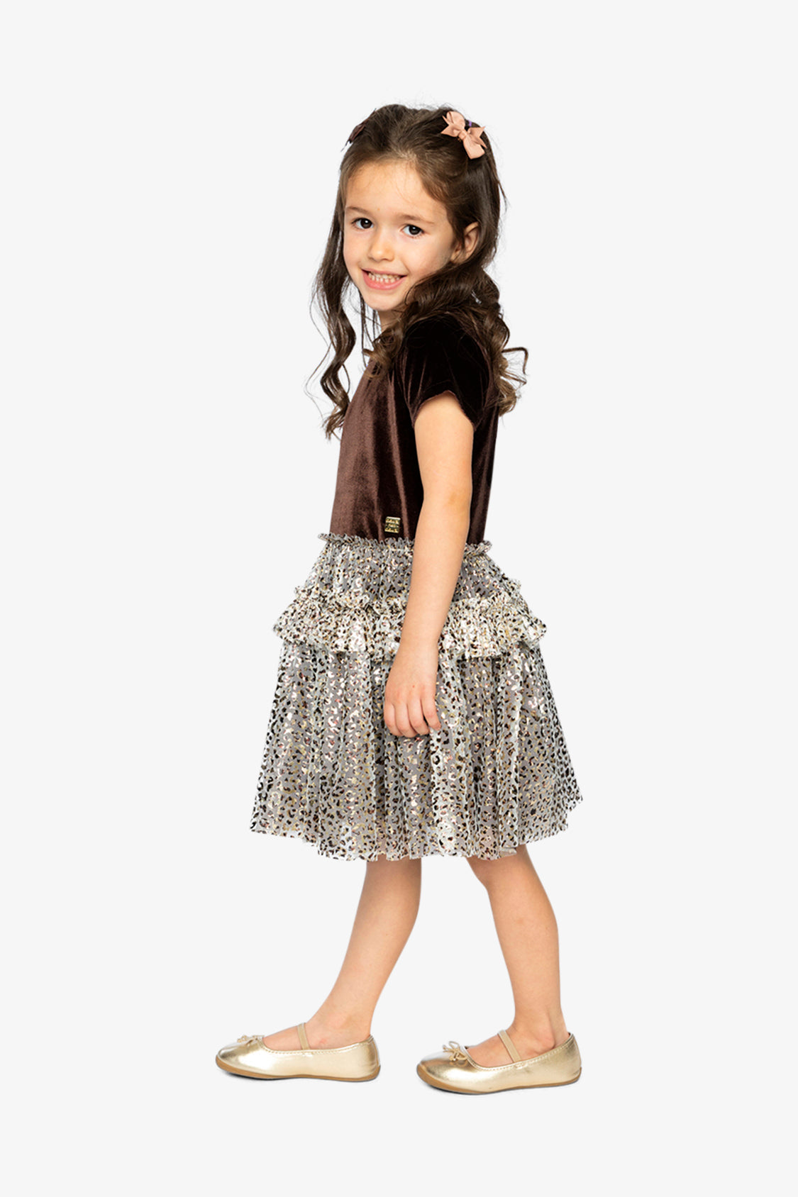 Bi-Material Short Sleeve Dress With Printed Mesh Skirt Dark Brown-2