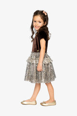 Bi-Material Short Sleeve Dress With Printed Mesh Skirt Dark Brown-2