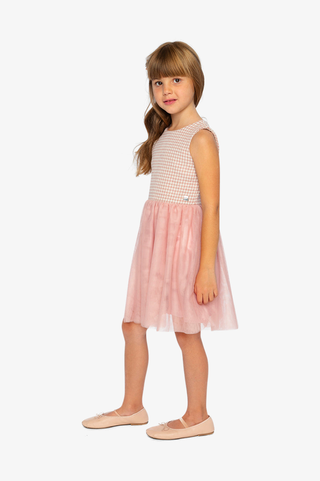 Bi-Material Sleeveless Dress Pink Houndstooth-3