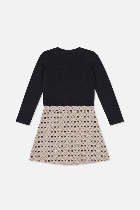 Bi-Material Dress Black And Beige Bow Tie Print-1