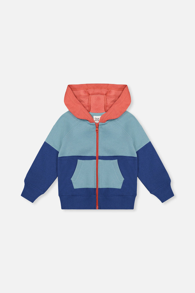 Full Zip Hooded Fleece Jacket Blue, Turquoise And Orange-0