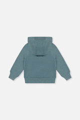 Deux par Deux heathered teal hoodie with ribbed cuffs and hem, flat lay back view