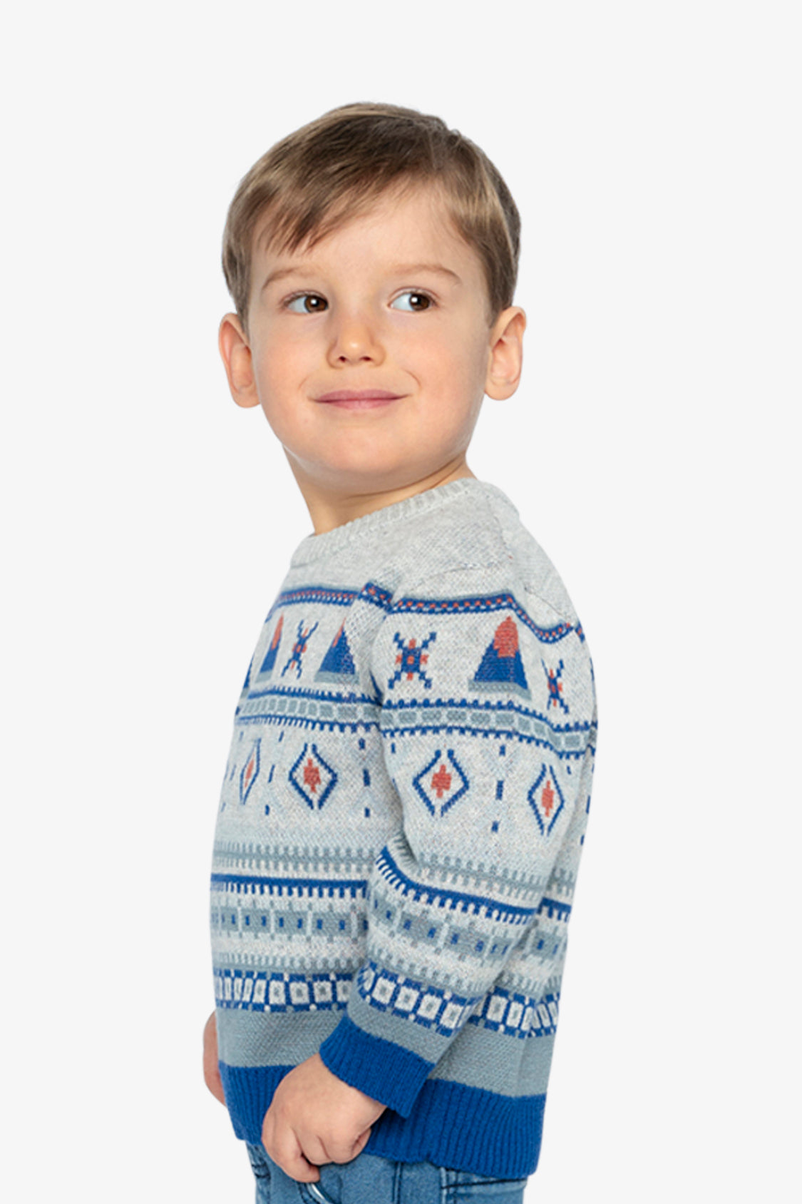 Child in the Deux par Deux blue and beige sweater, Nordic Buddies lookbook