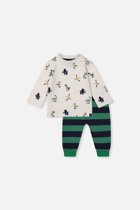 Baby Cotton T-Shirt & Fleece Pant Set Beige Dinosaur Print-0