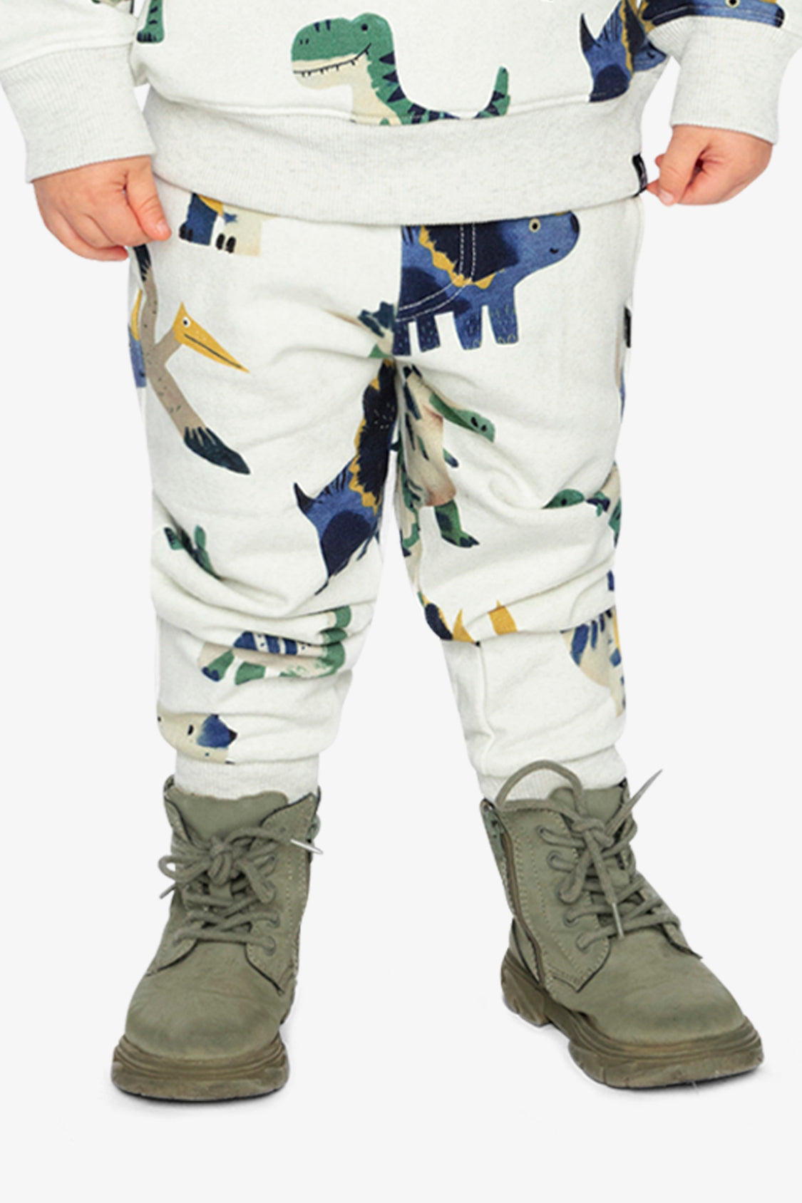 Baby Fleece Sweatpants Beige Dinosaur Print-1