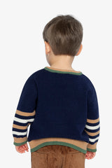 Back view of a child wearing the Deux par Deux navy knit pullover with striped sleeves