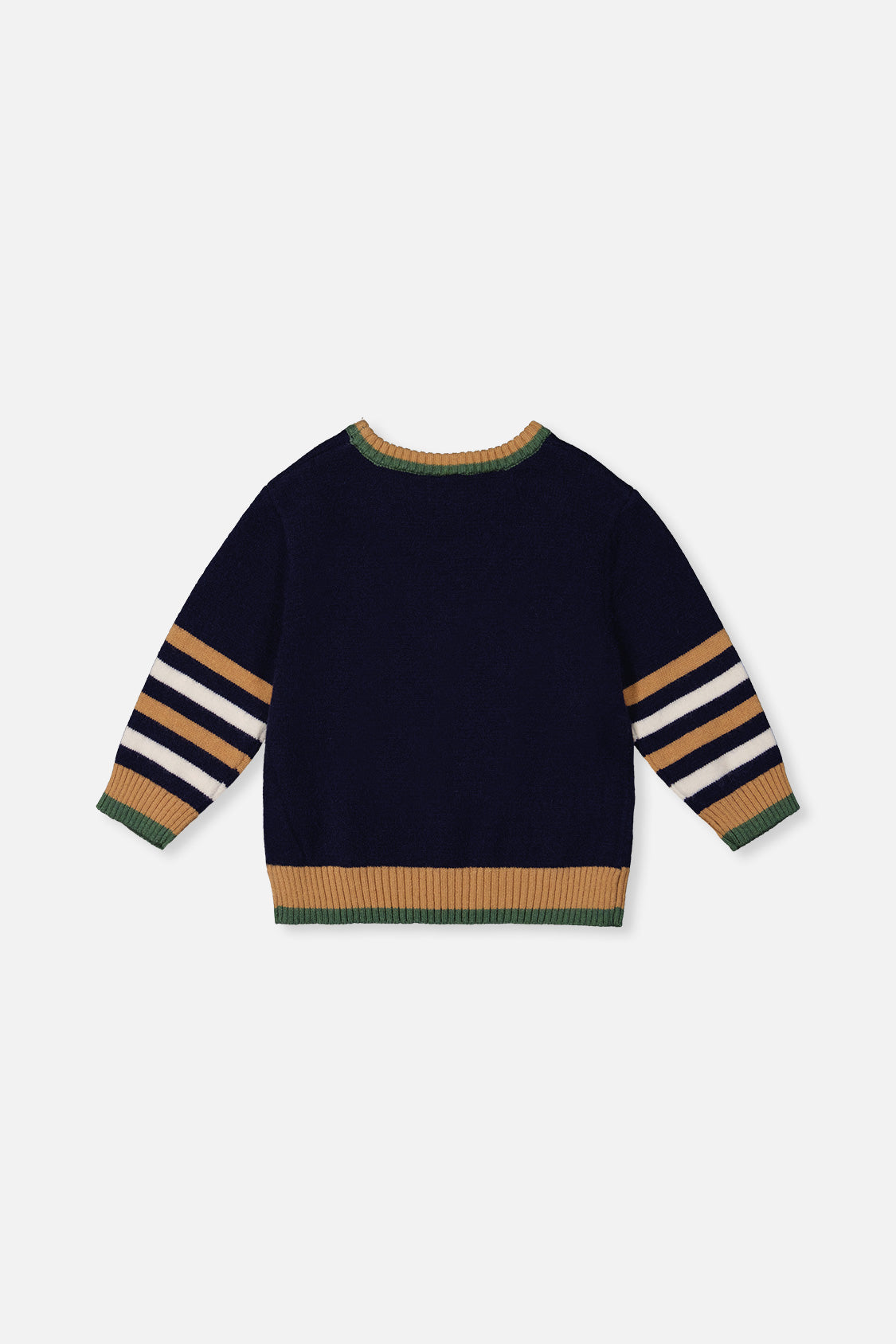 Back view of the Deux par Deux navy knit sweater with striped sleeves laid flat