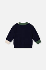 Back view of the Deux par Deux navy dino knit cardigan laid flat