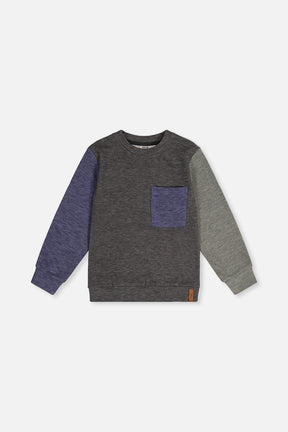 Deux par Deux charcoal colorblock top with blue and sage sleeves and a blue pocket, flat view
