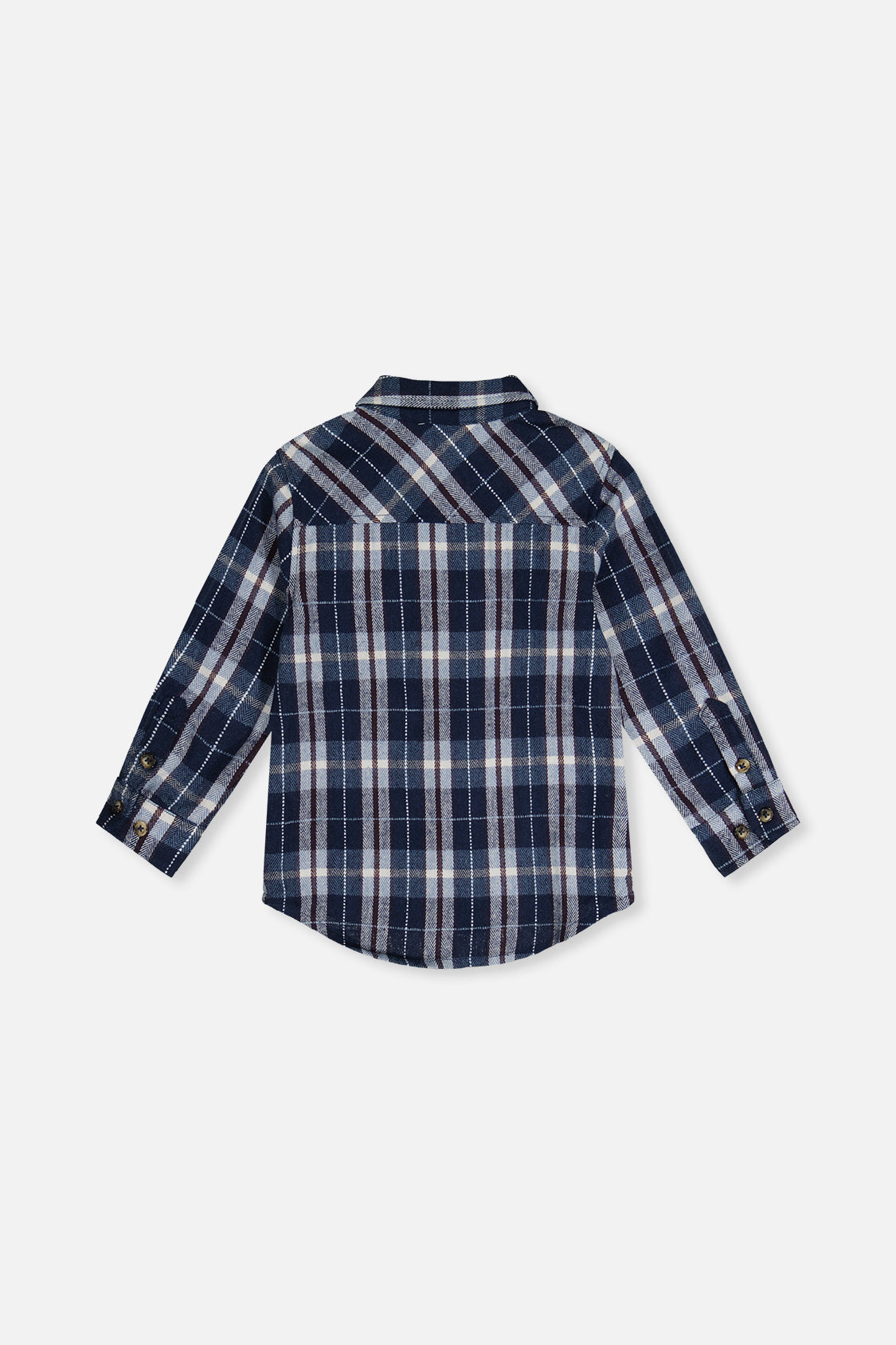 Blue and white plaid flannel shirt laid flat, back view
