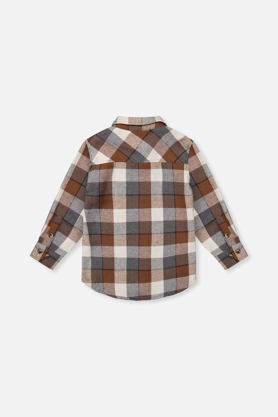 Deux par Deux grey and beige plaid flannel shirt, back view