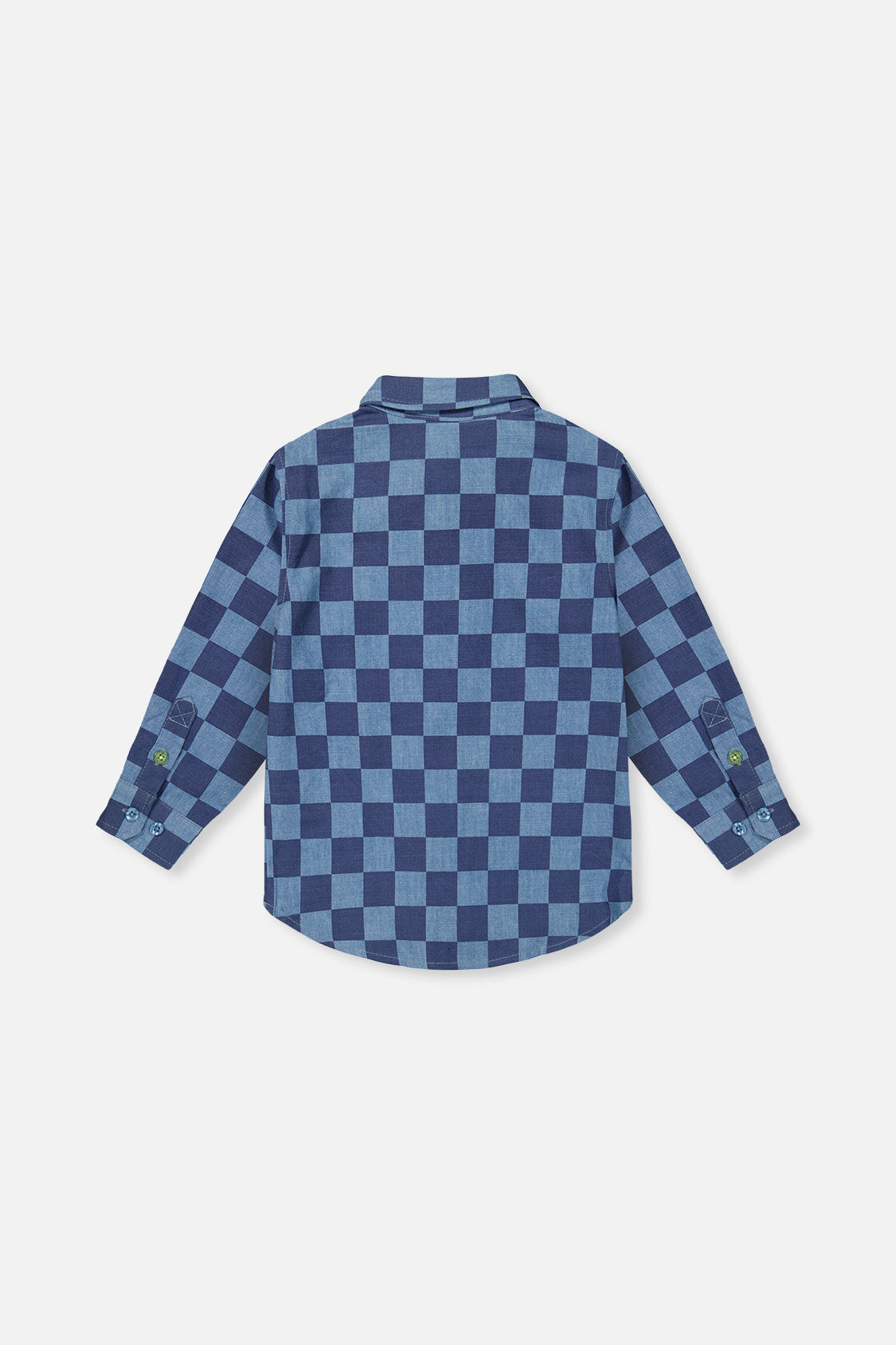 Deux par Deux blue checkered chambray shirt, back view