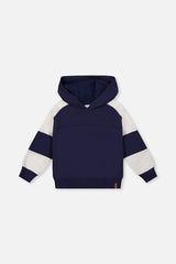 Hooded Striped Fleece Cardigan Dark Blue And Beige-0
