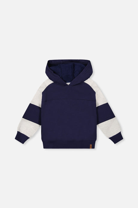 Hooded Striped Fleece Cardigan Dark Blue And Beige-0